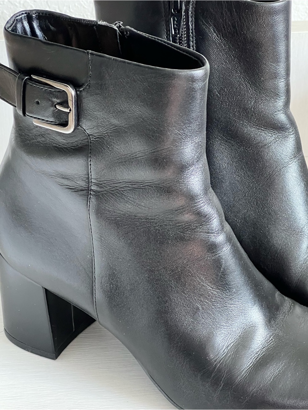 Naturalizer Black Leather Block Heel Ankle Boots with Buckle